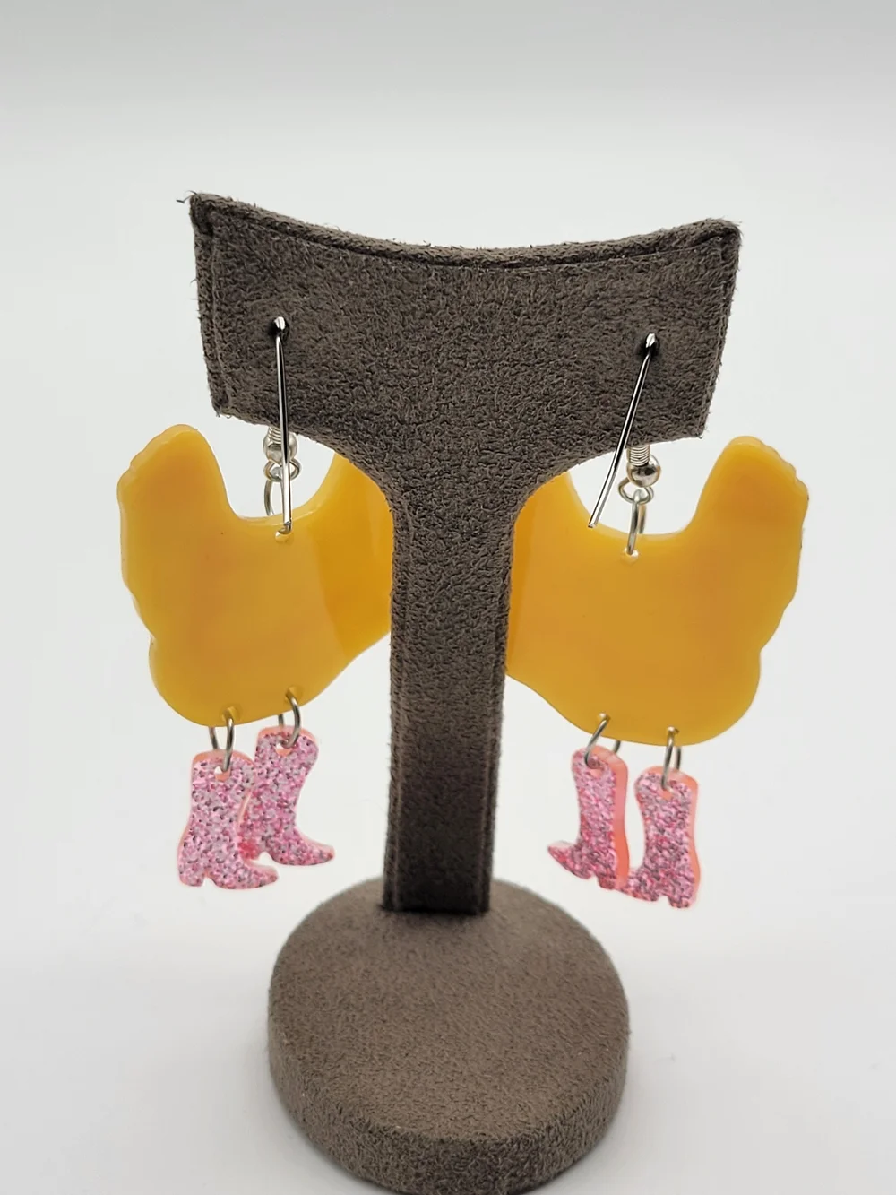 Funny Funky Yellow pink Glitter Chicken Dangle earrings - Picture 7 of 8
